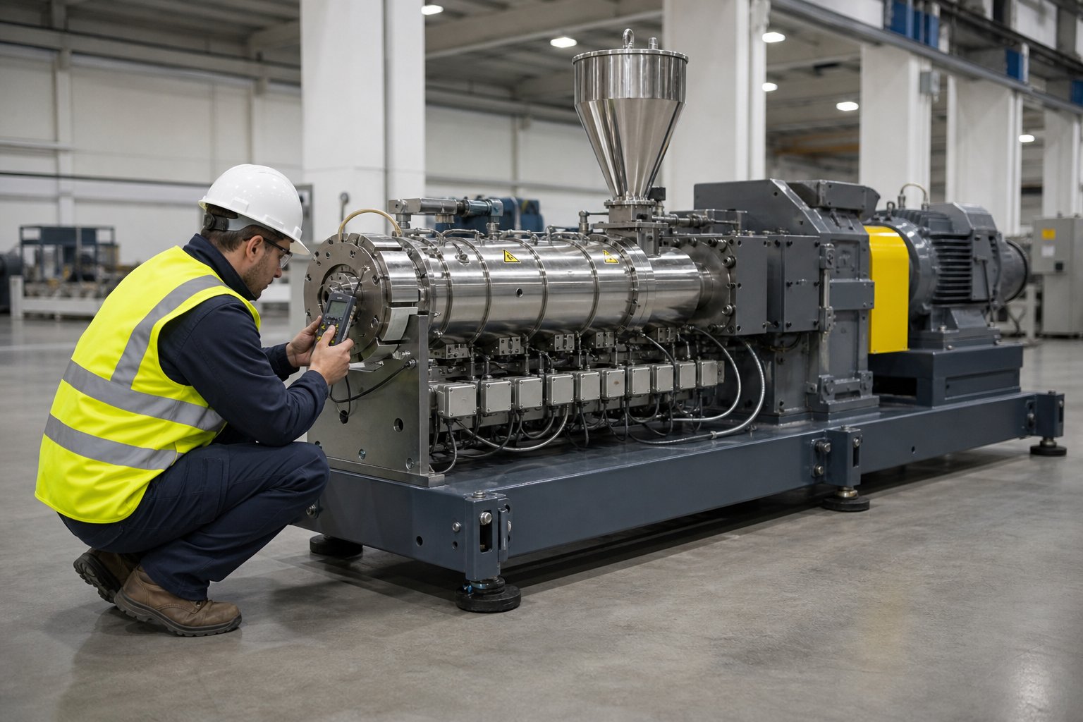 on site quality inspection of a twin screw extruder at a chinese manufacturing facility before shipment