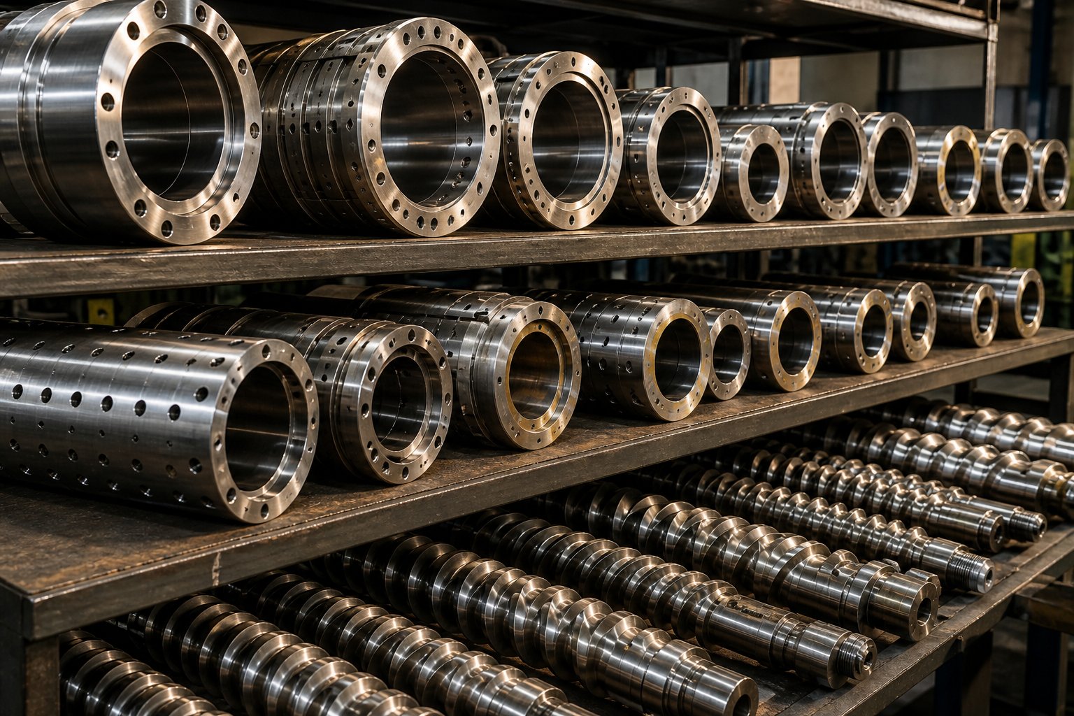 replacement twin screw barrel segments and wear components ready for quality inspection at a chinese screw barrel facility