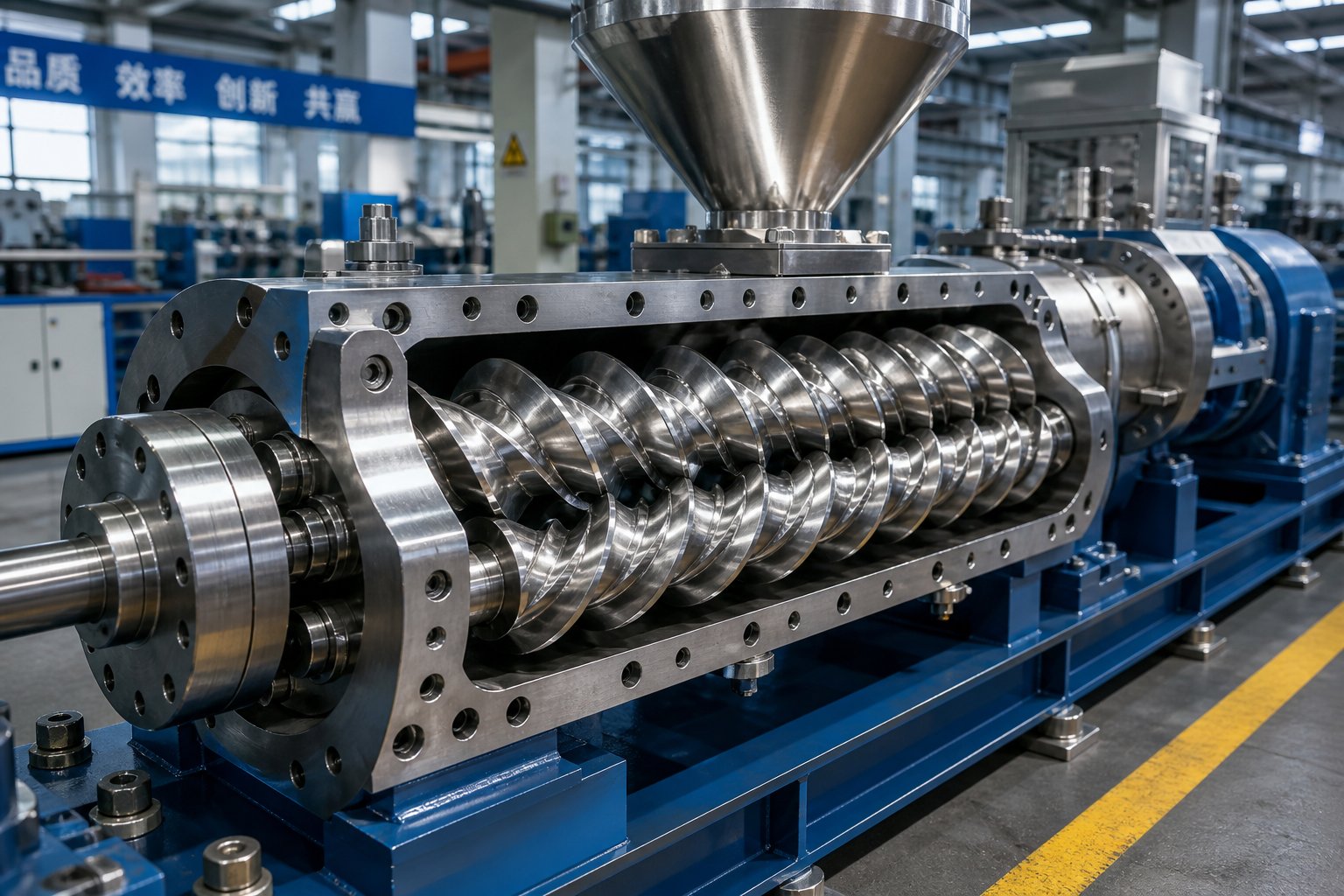 twin screw extruder on a chinese factory floor showing intermeshing screw elements and modular barrel construction
