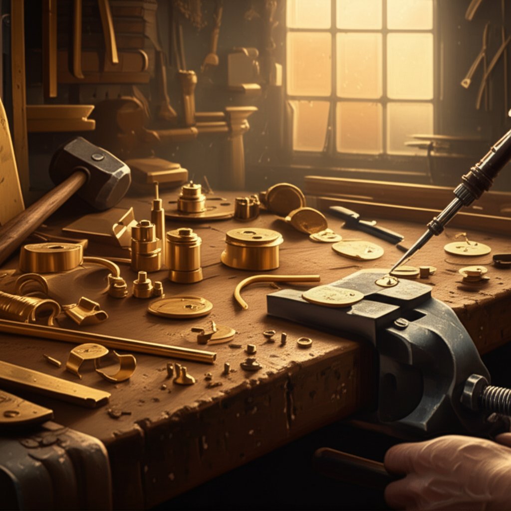 workshop tools and brass parts demonstrating key fabrication methods