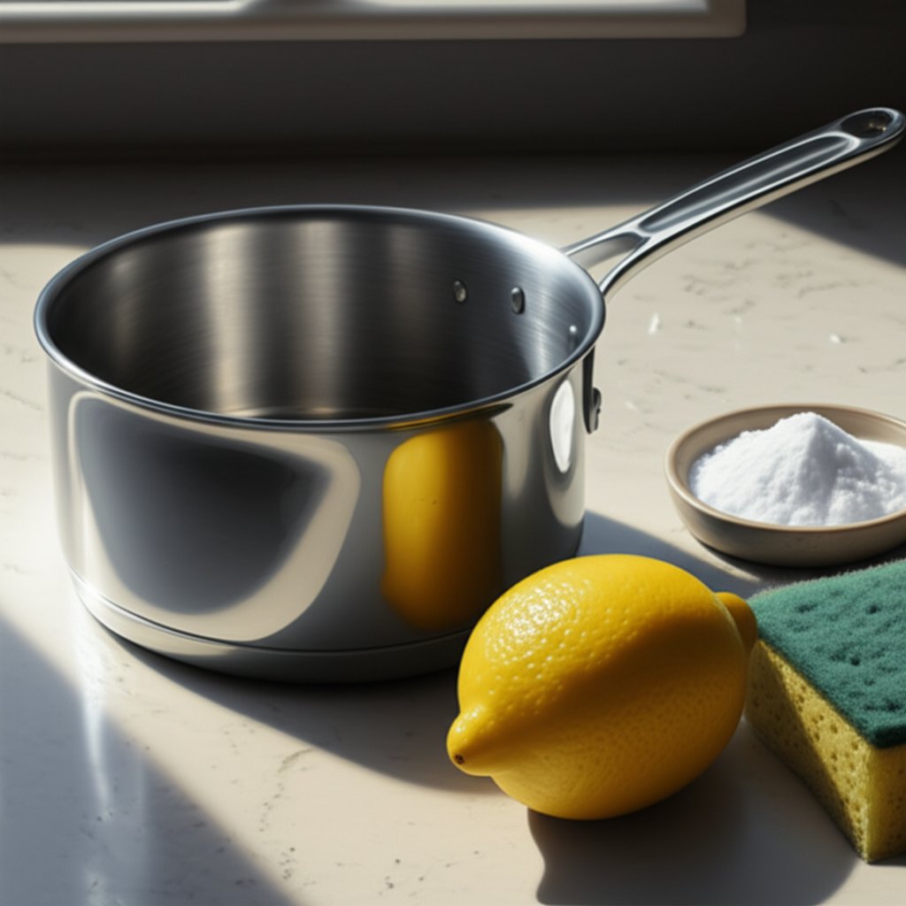 a spotless aluminum pan with gentle cleaning supplies ready for use