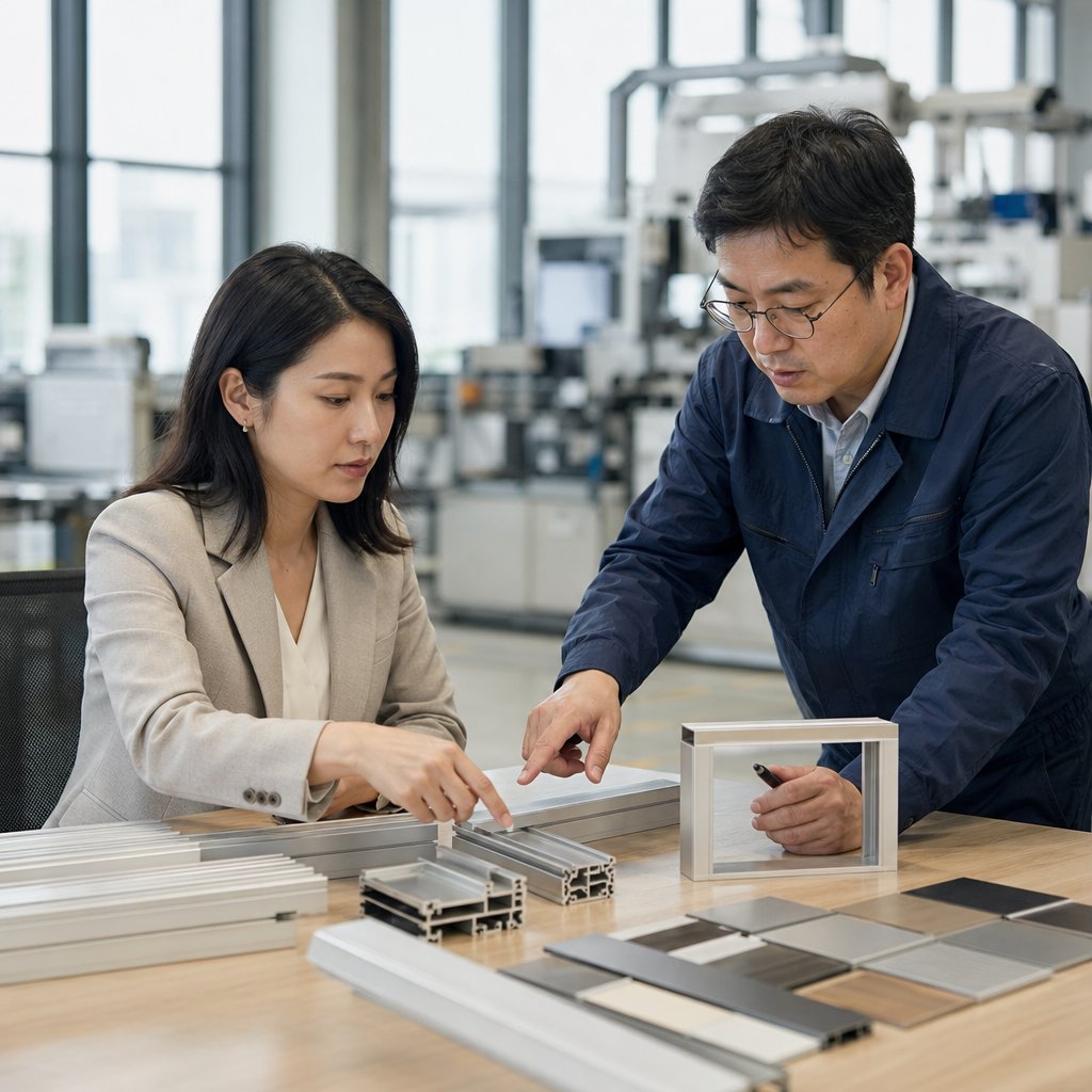 reviewing aluminum profile samples and finishes with a supplier