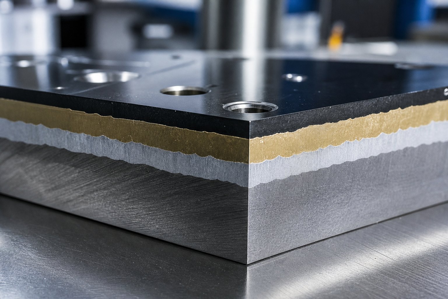 cross section view of coated stamping die steel showing surface treatment layers that extend tool life for wing panel production