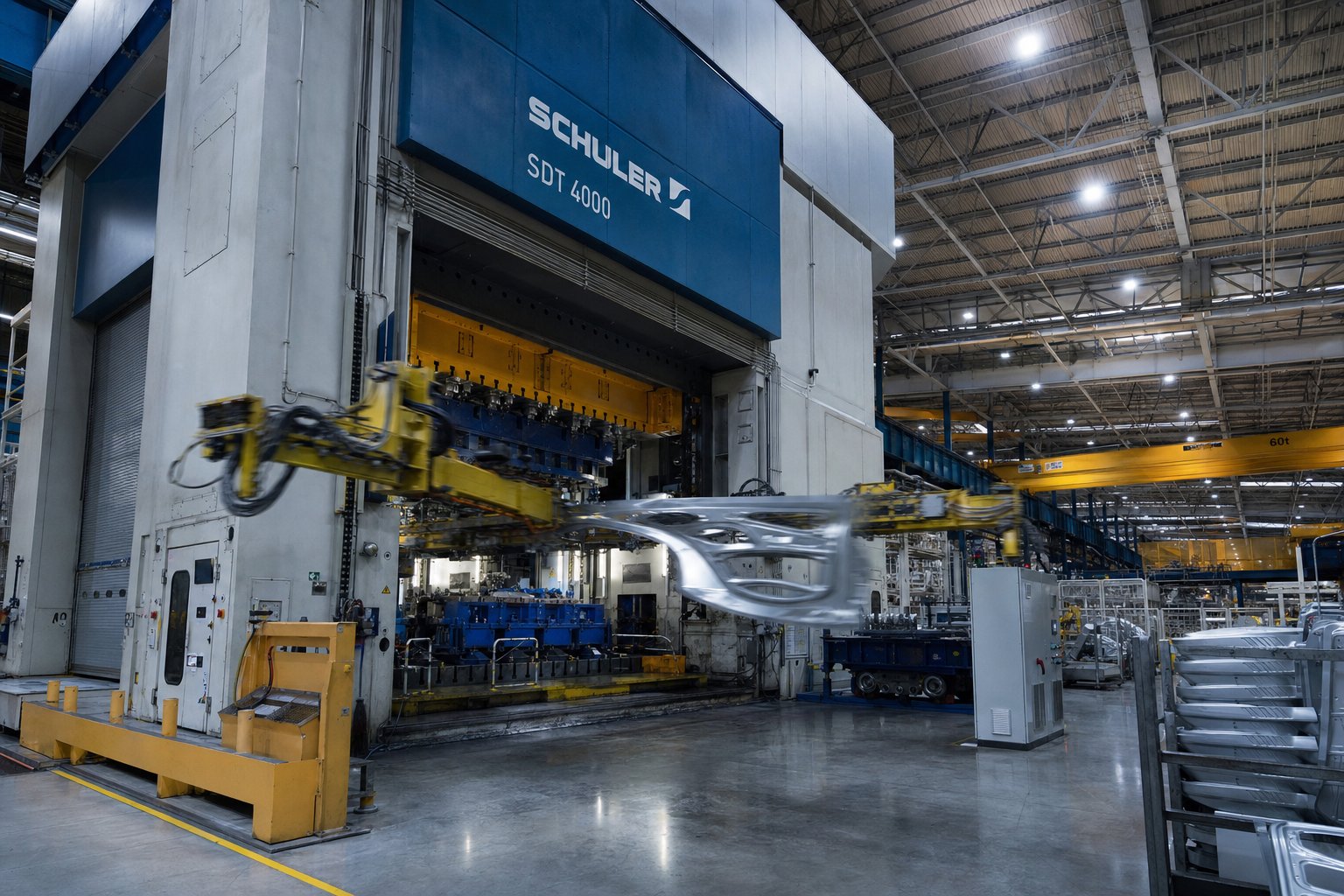 large transfer press stamping automotive wing panels in a modern production facility