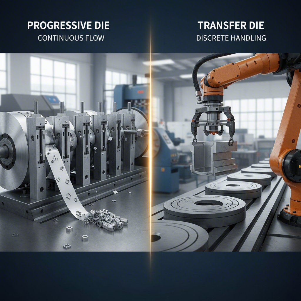 abstract representation of progressive versus transfer die stamping