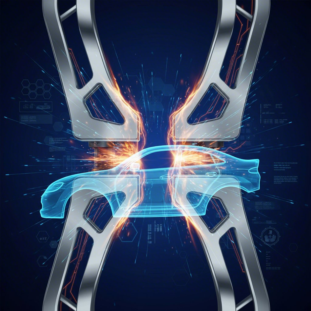 conceptual art of a stamping die shaping a sheet of metal