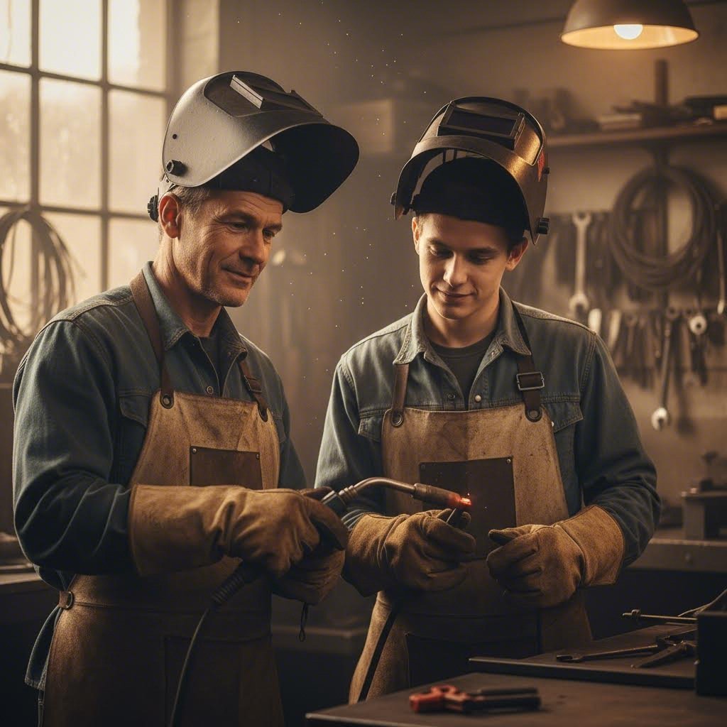 skilled fabricator mentoring an apprentice at the welding station