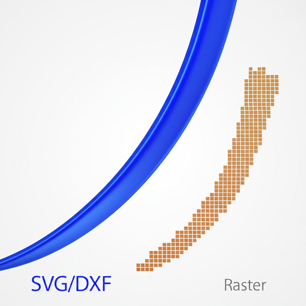 a diagram comparing the clean lines of a 2d vector file to a pixelated raster image
