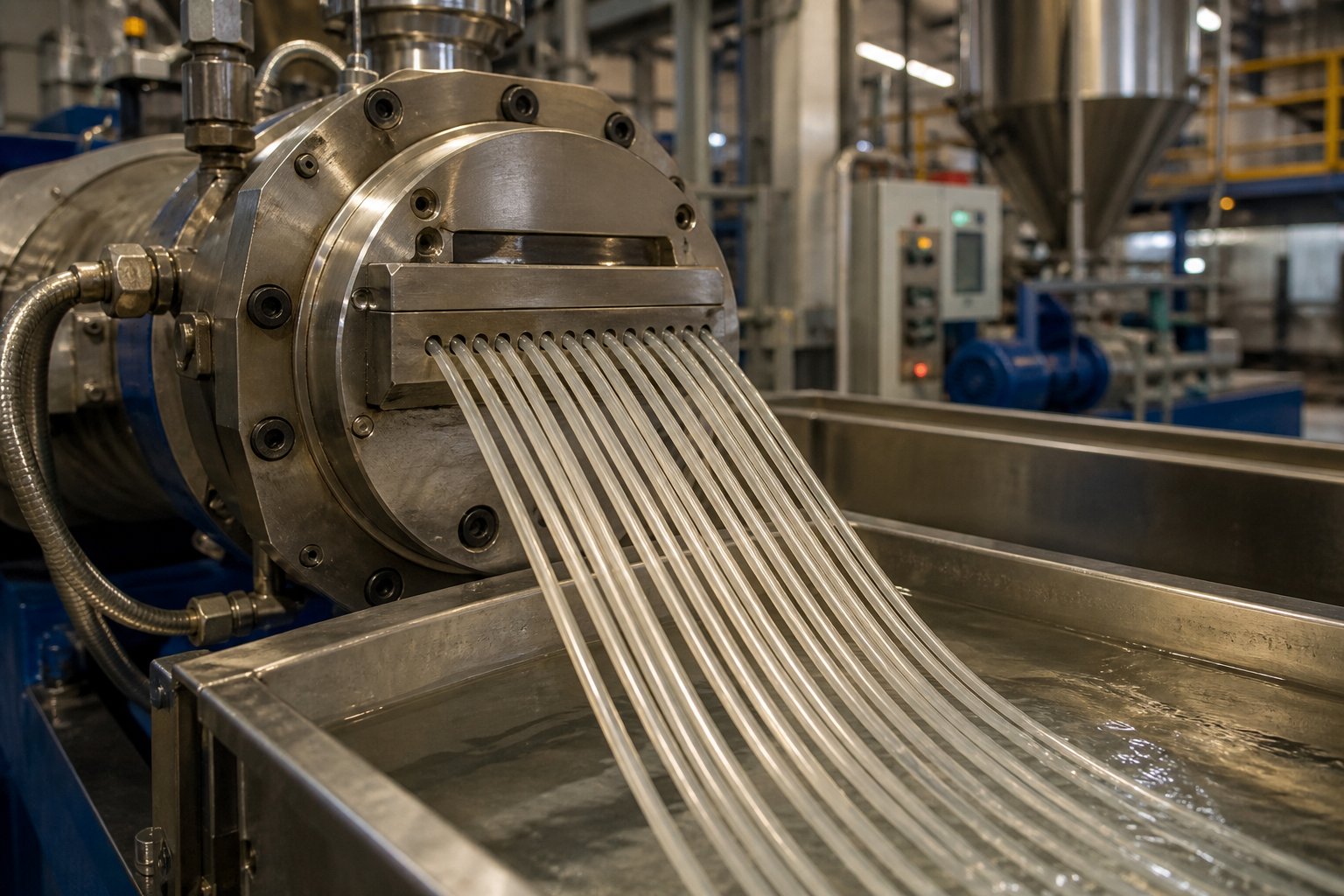 compound strands exiting a twin screw extruder strand die before pelletizing %E2%80%94 strand quality reflects upstream process control
