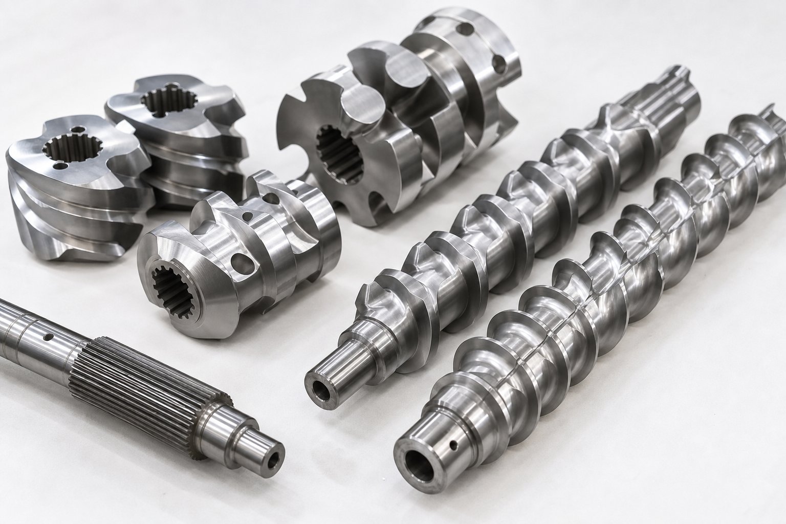 modular twin screw elements including conveying elements and kneading blocks arranged for screw profile assembly