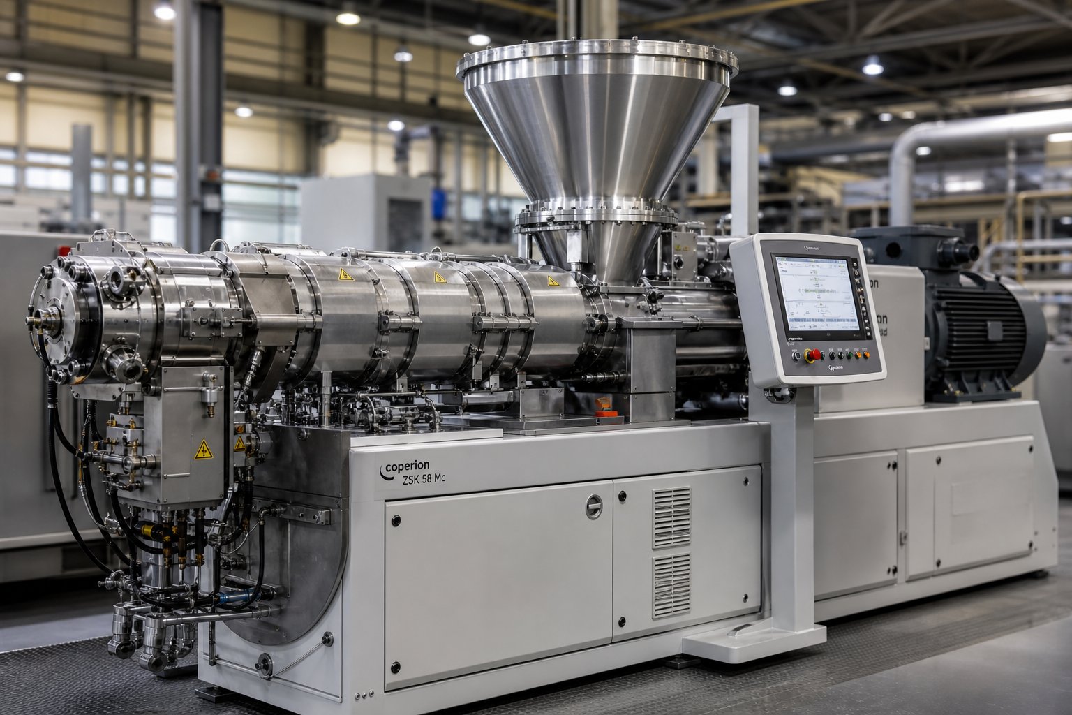 twin screw compounding extruder on a production floor showing barrel sections feed system and control interface