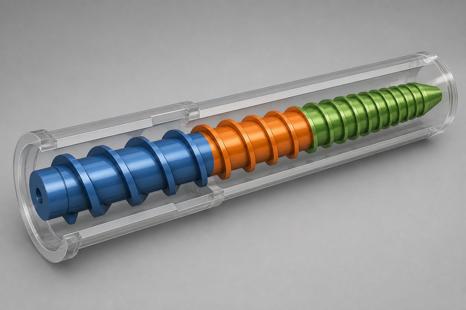 cutaway view of an injection screw showing the feed transition and metering zones inside the barrel