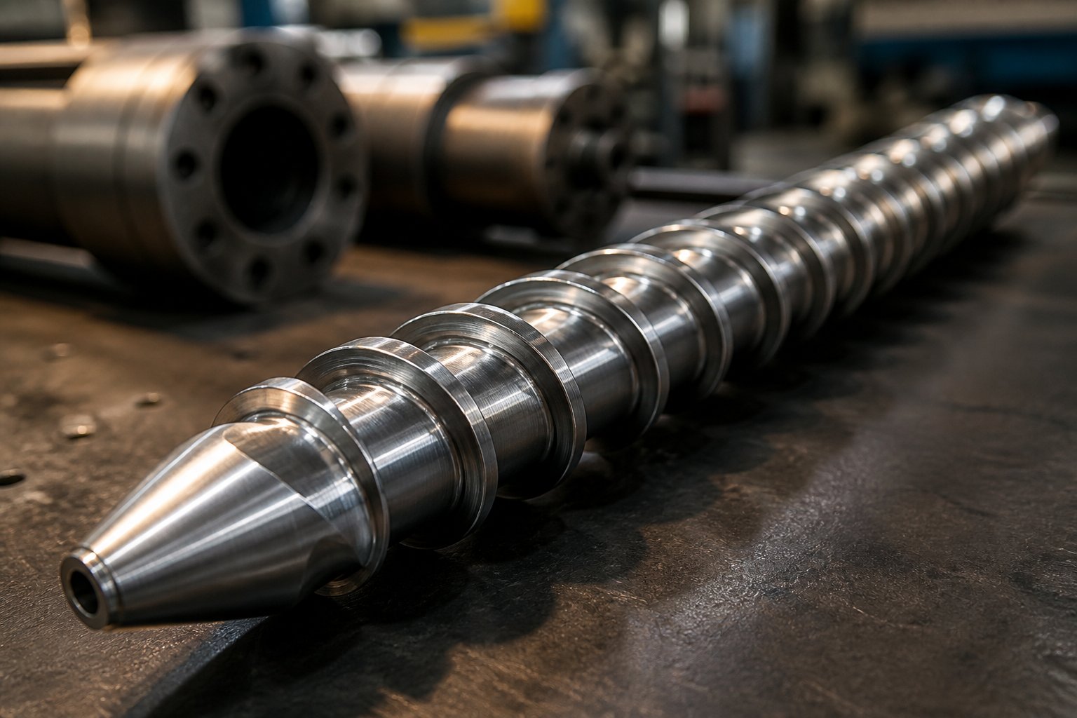 injection screw with helical flights used for melting and metering polymer in injection molding machines