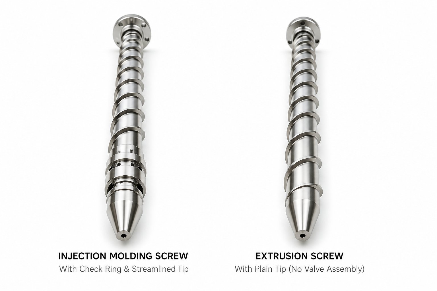injection screw with non return valve tip compared to an extrusion screw without a check ring assembly