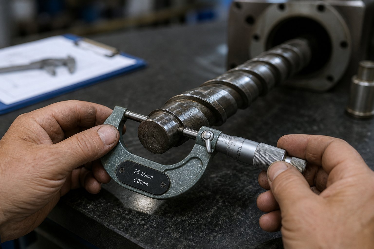 measuring injection screw flight diameter with a micrometer during a scheduled wear inspection