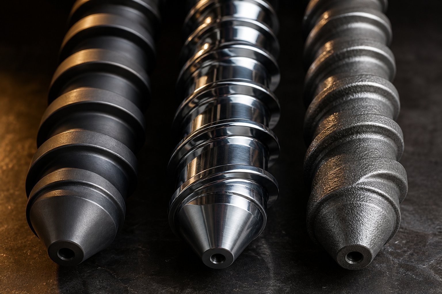 three injection screw surface treatments %E2%80%94 nitrided chrome plated and tungsten carbide coated %E2%80%94 showing distinct textures