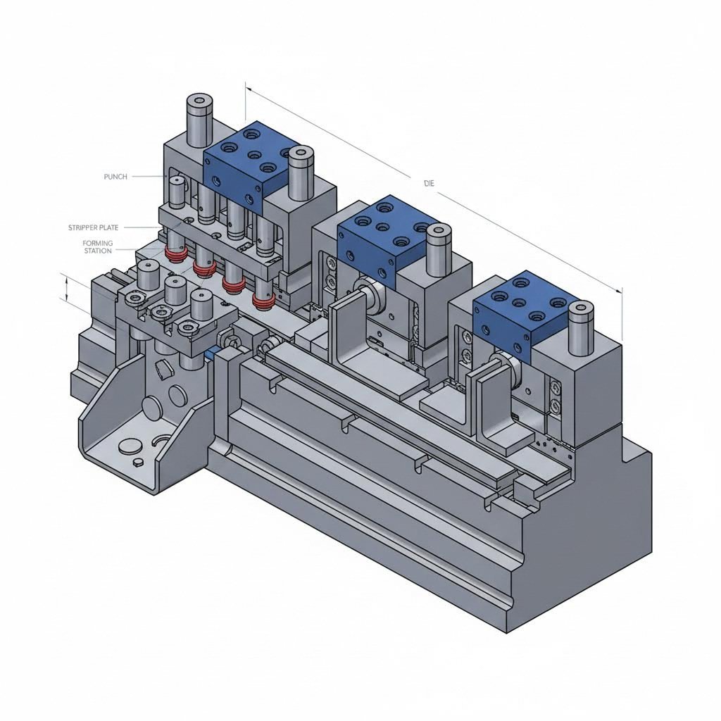 sequential stations in a progressive die each perform specific forming operations