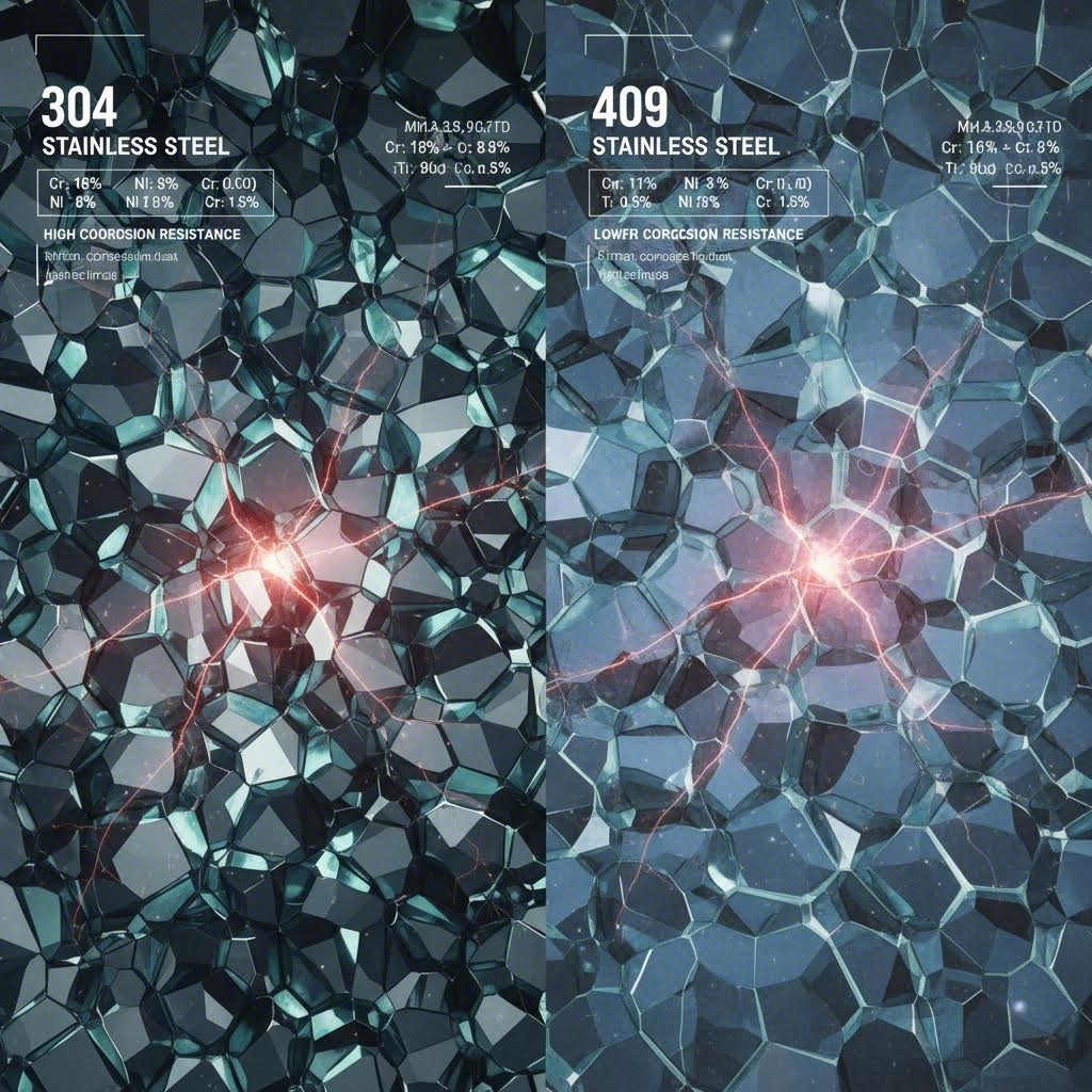 Material science comparison of ferrite 409 vs austenite 304 stainless steel grains