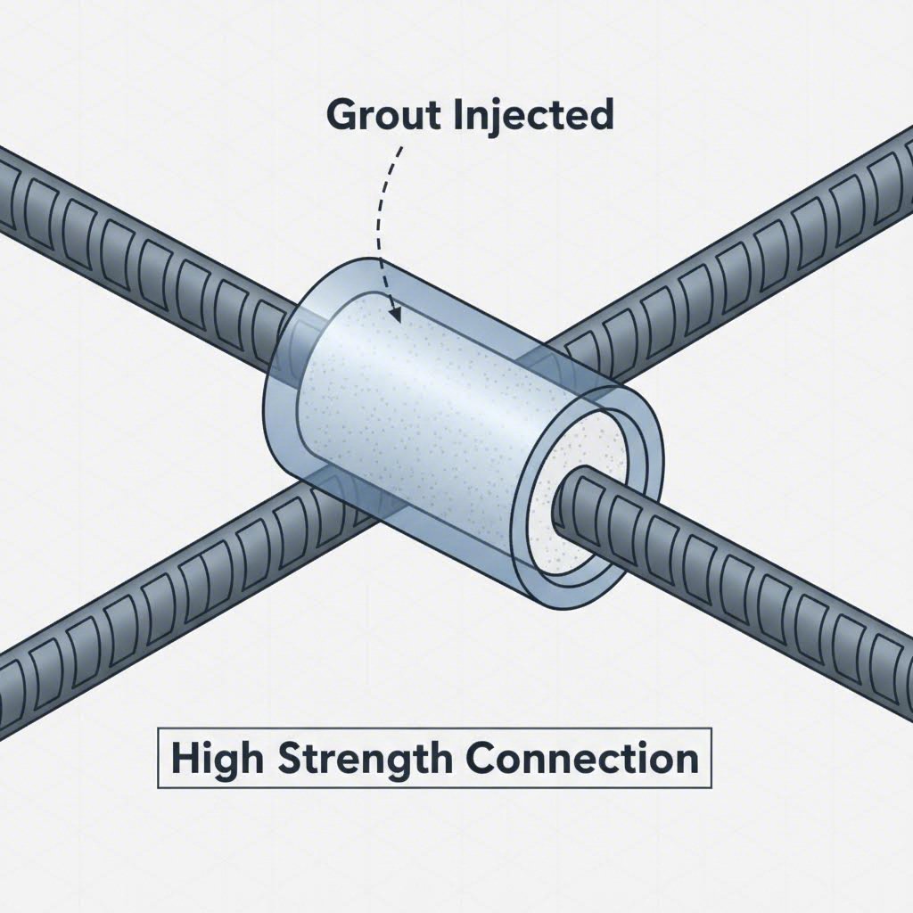 Diagram of a rebar connection sleeve filled with high strength structural grout