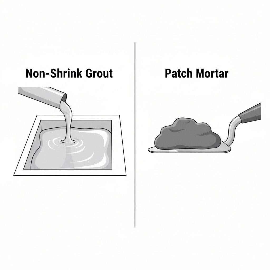 Visual comparison of fluid non shrink grout versus stiff concrete patching mortar