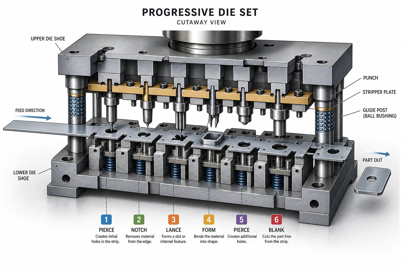 cross section view of a progressive die set showing multiple stations guide posts and strip advancement through the tool