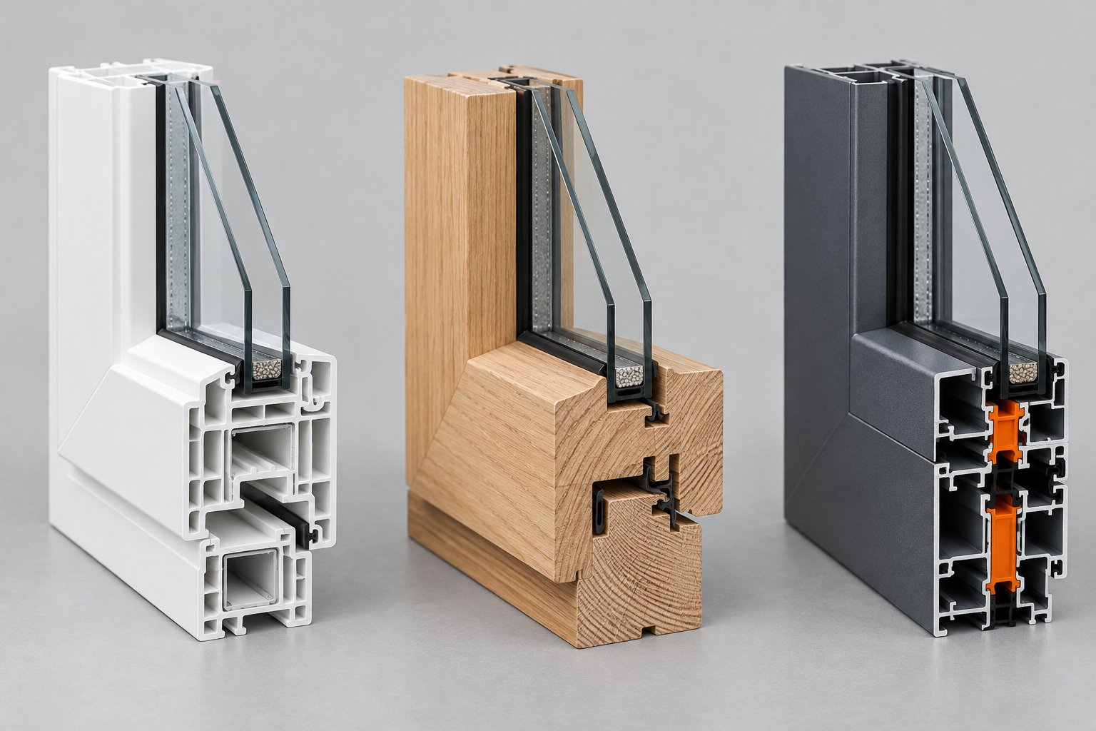 cross sections of upvc timber and aluminium window frames showing internal structures for retrofit planning