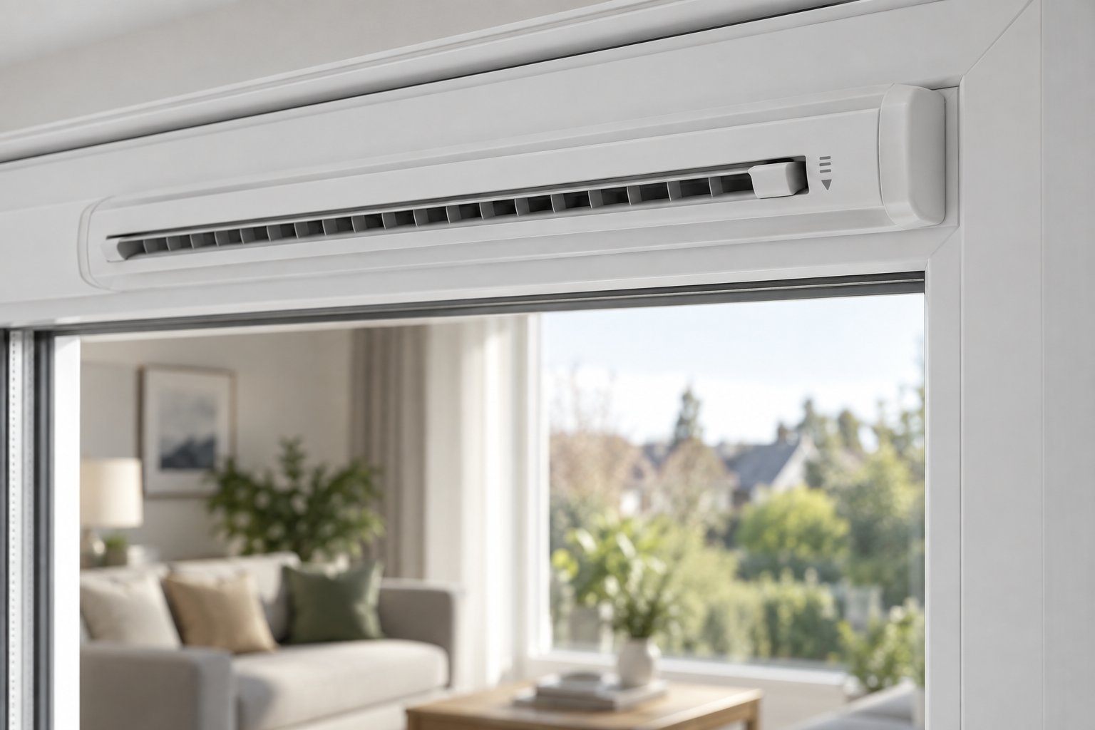 retrofit trickle vent installed on a upvc window frame providing controlled background ventilation