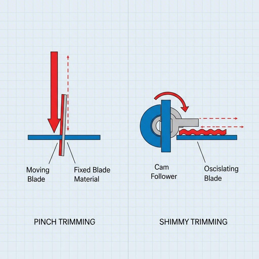Cross section comparison of pinch trimming versus cam driven shimmy trimming mechanics