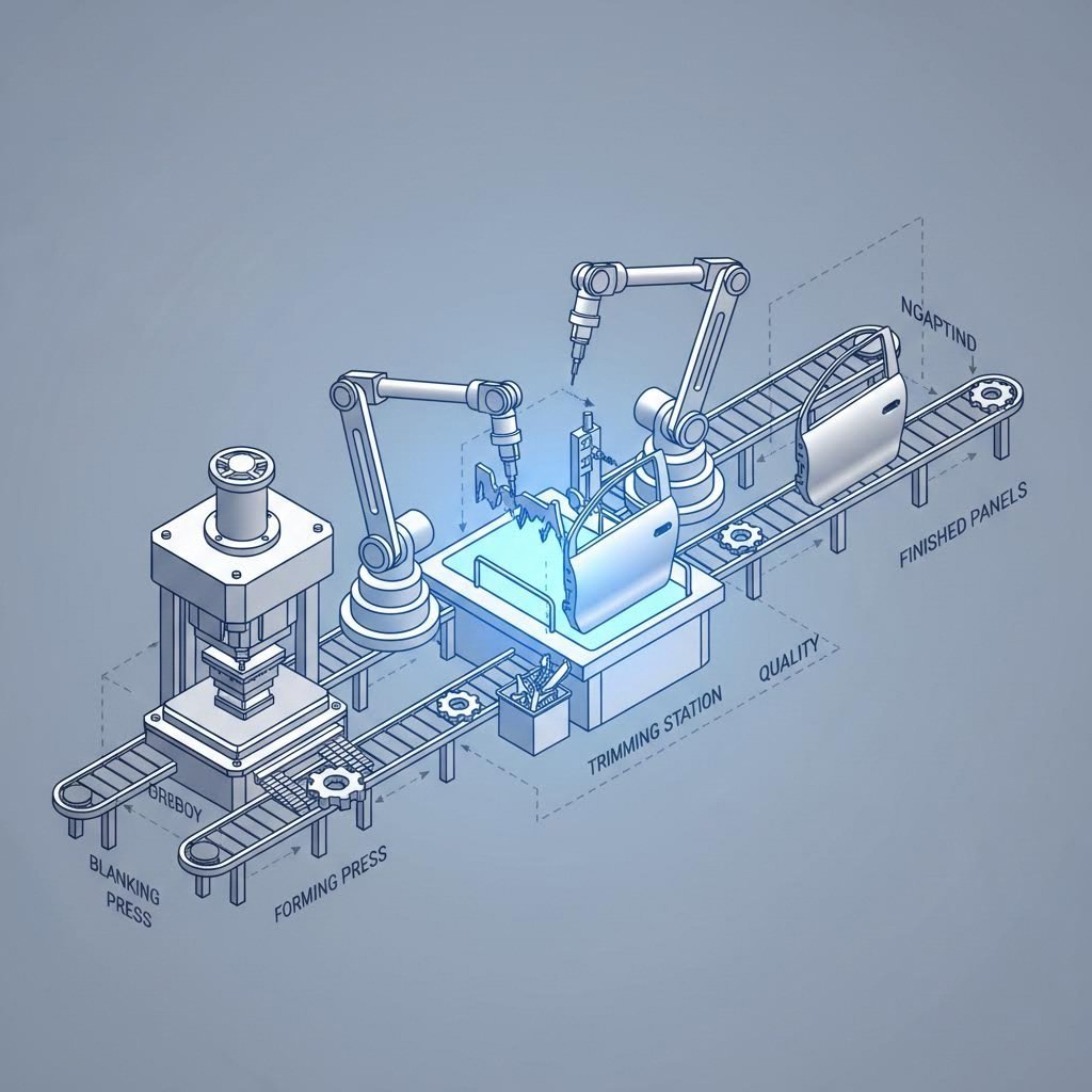 Trimming station in an automotive stamping line separating offal from the formed part