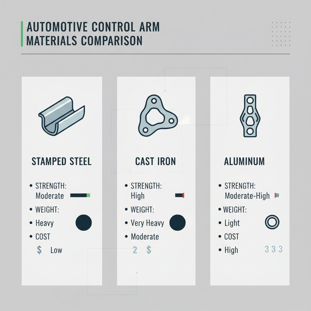 infographic comparing properties of stamped steel cast iron and aluminum control arms