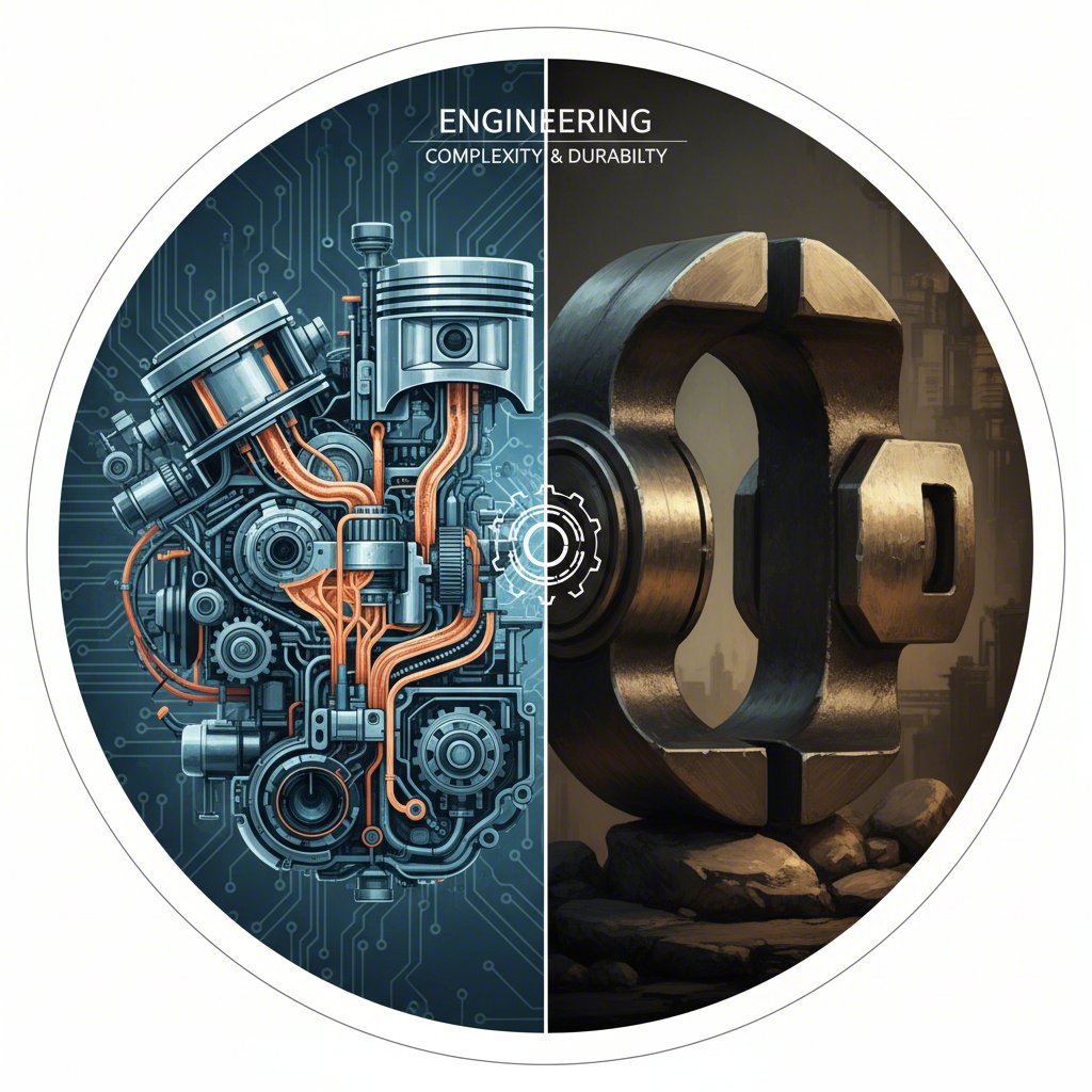 a split image contrasting a complex die cast engine block with a strong forged crankshaft