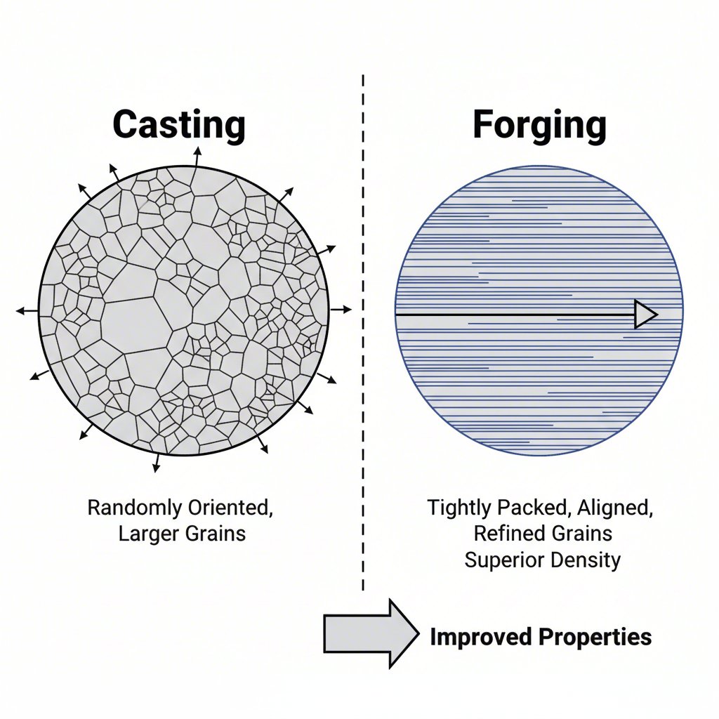 diagram comparing the random grain structure of cast metal to the aligned structure of forged metal