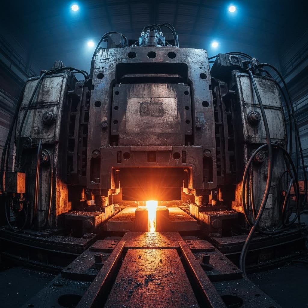 hydraulic extrusion press forcing heated aluminum through precision dies to create heatsink profiles