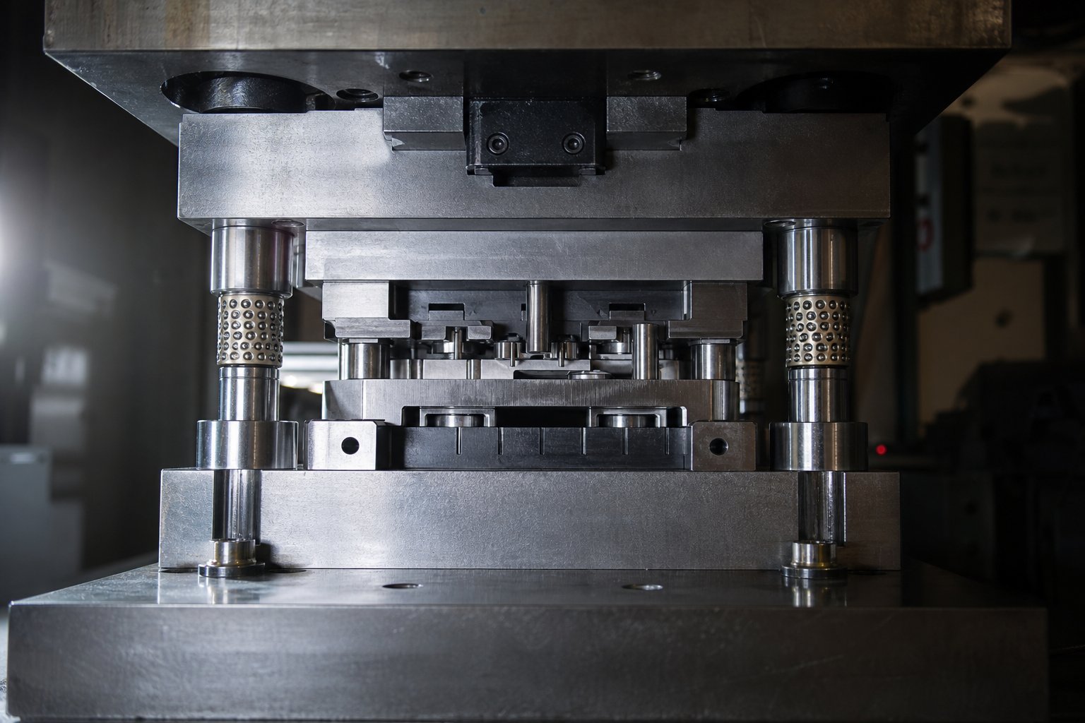 precision stamping press die set with matched upper and lower halves mounted inside a mechanical press
