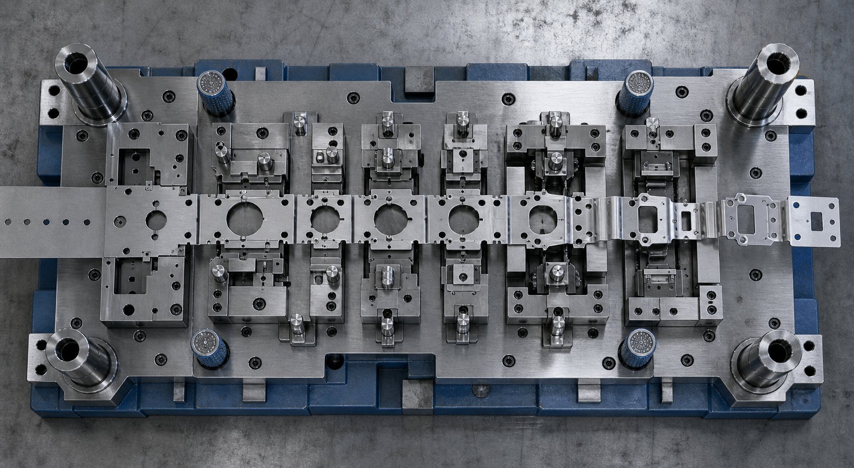 progressive stamping die with strip material advancing through multiple forming stations