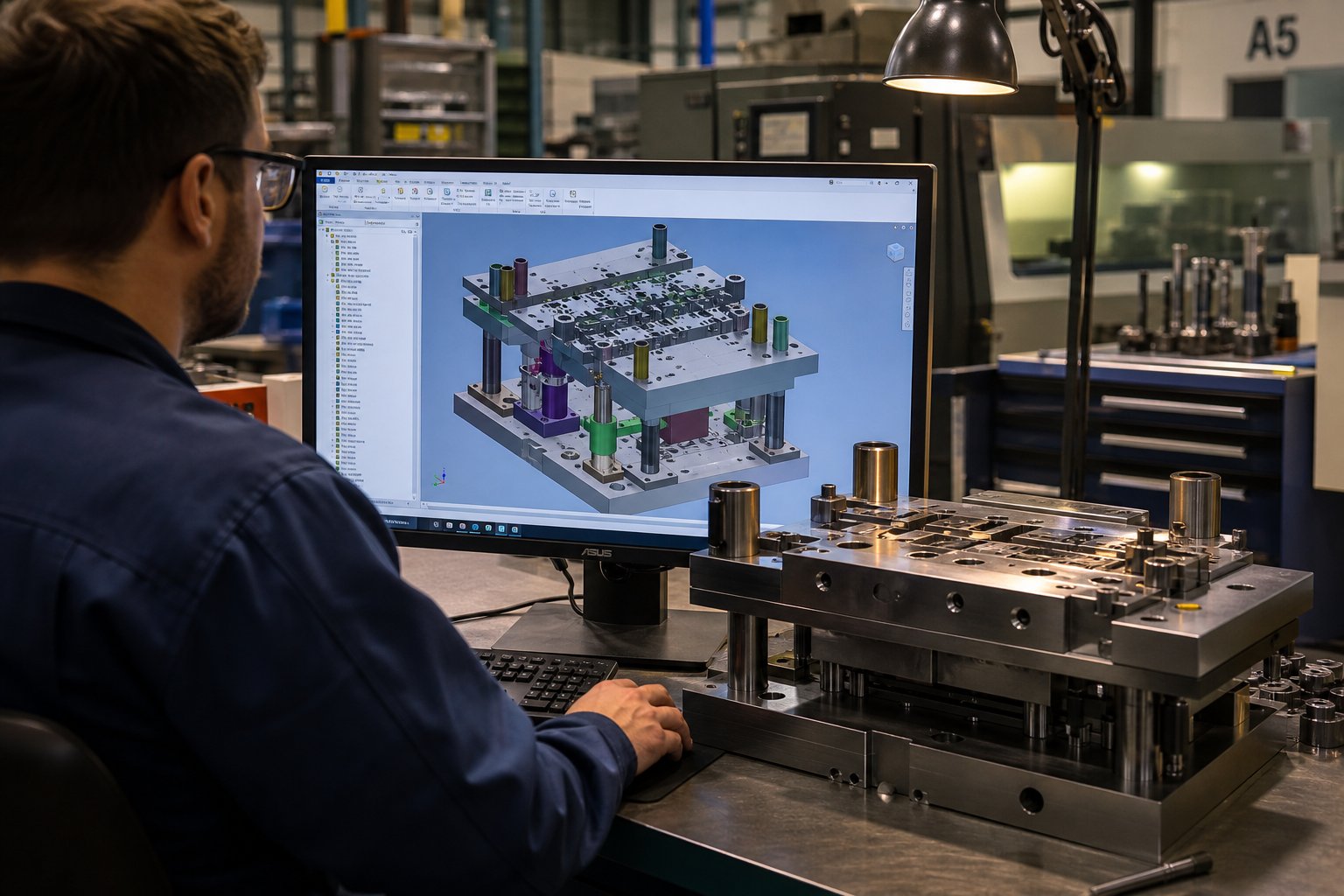 tooling engineer validating stamping die design through cad simulation before production