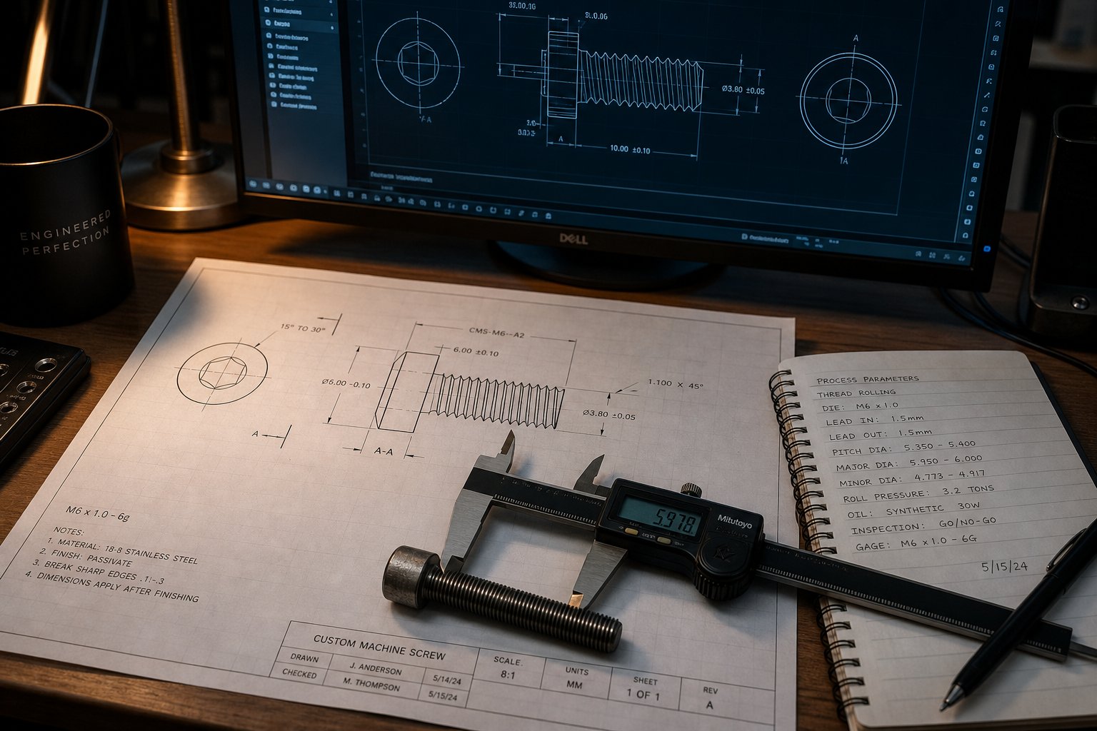 engineering workspace during the custom extruder screw specification process with cad design and dimensional inspection tools