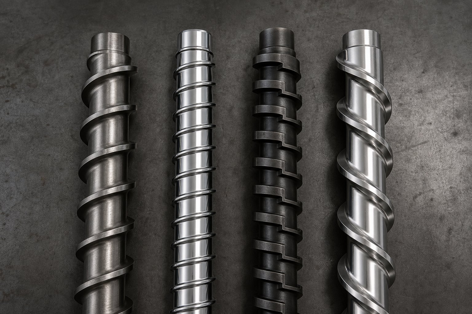 four custom extruder screw segments showing distinct geometry and metallurgy tailored to different polymer families