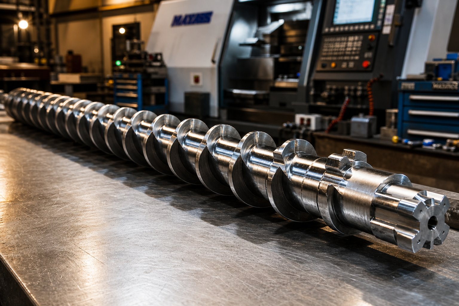 precision machined custom extruder screw with barrier flights and mixing elements engineered for optimized polymer processing