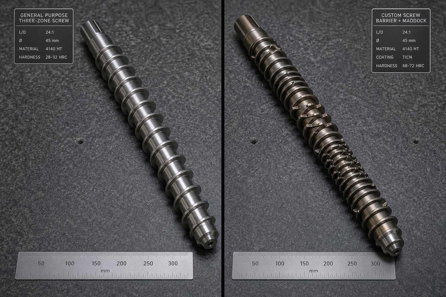 side by side comparison of a general purpose extruder screw and a custom engineered screw with barrier flights and mixing elements