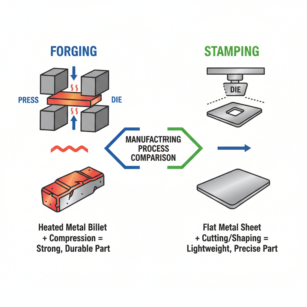 a simplified diagram illustrating the difference between the forging and stamping processes