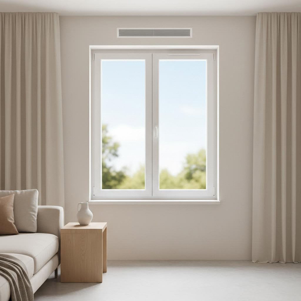 modern window trickle vent installed at the frame head for continuous background ventilation