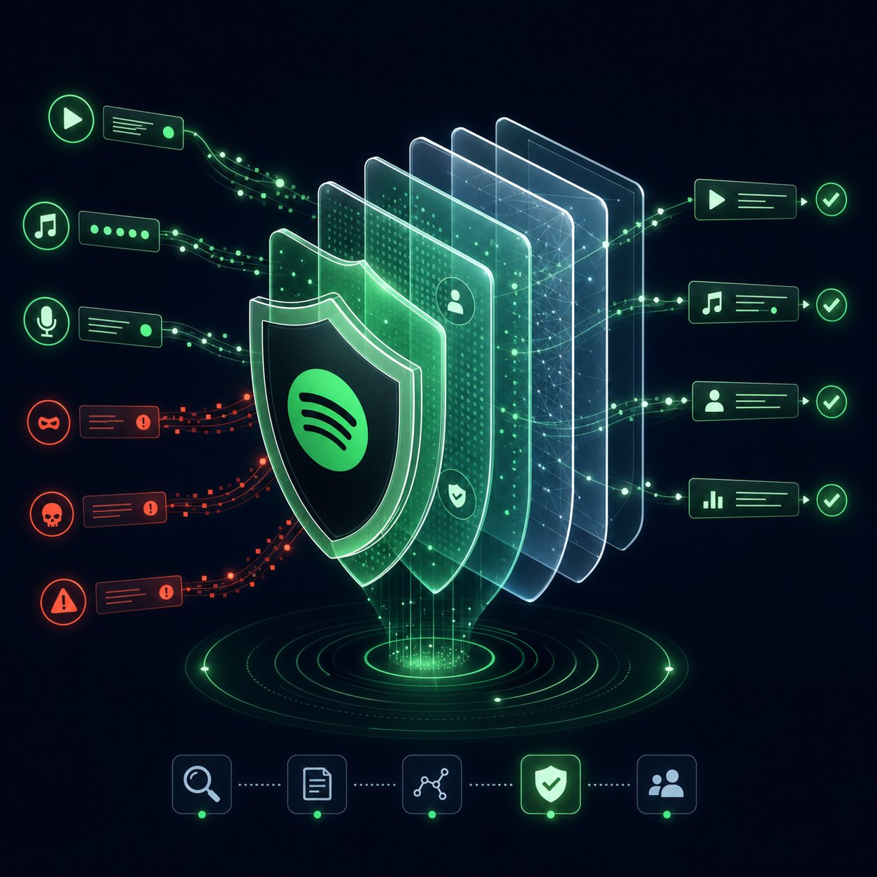 spotify uses layered enforcement including ddex metadata labeling spam filters and impersonation policies to manage ai content