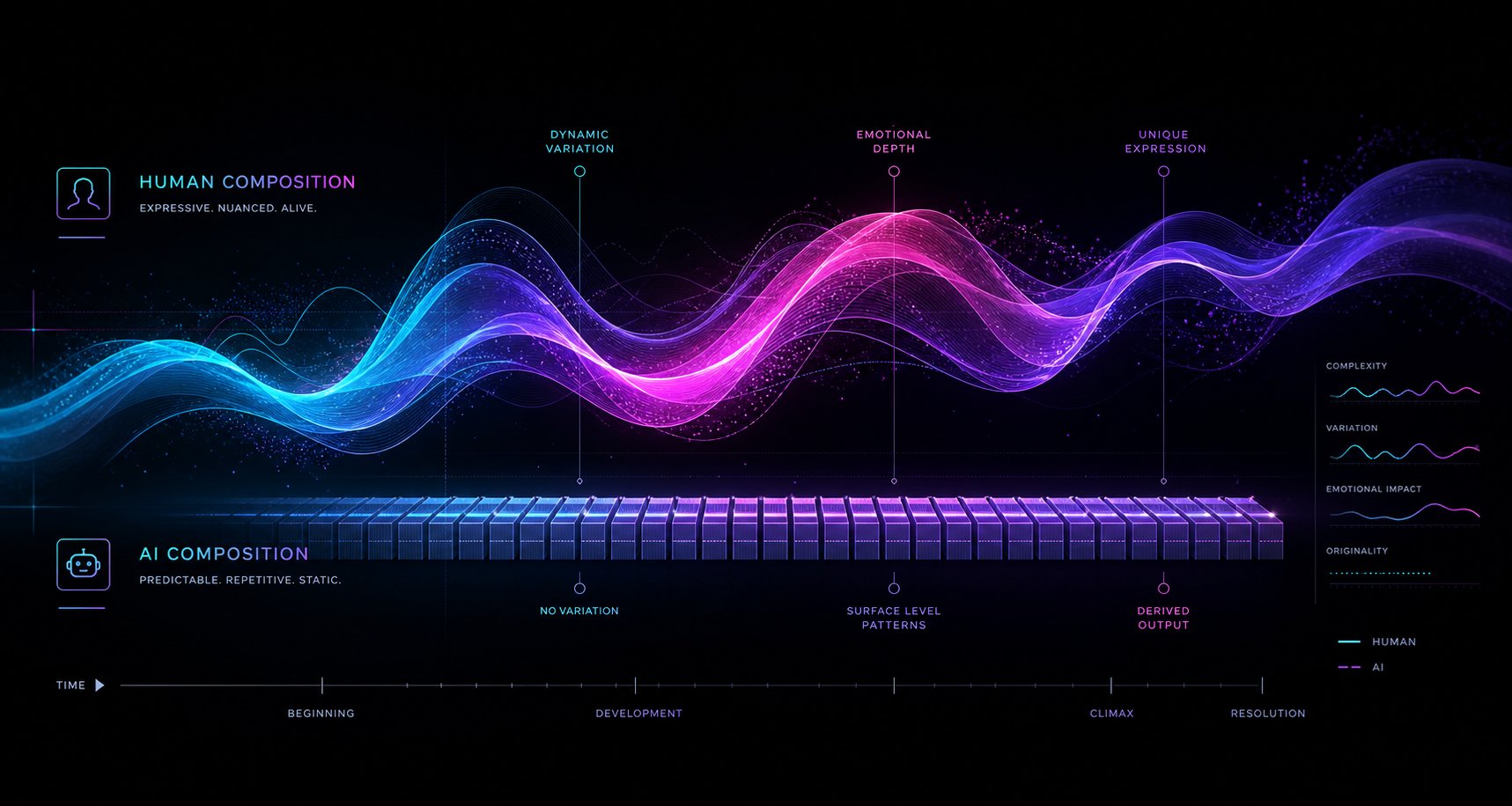 human compositions evolve dynamically while ai generated tracks often repeat identical patterns