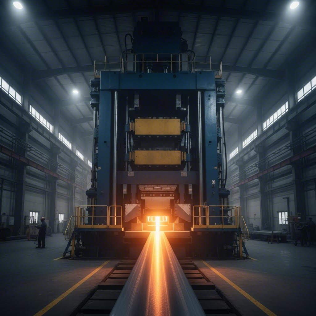 custom 6005 aluminum extrusions being produced on an industrial extrusion press