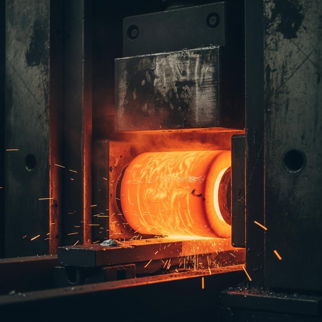 heated aluminum billet being extruded through a precision die during production