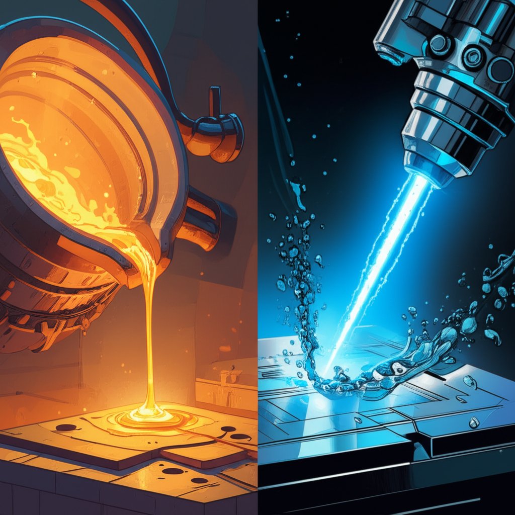 conceptual art comparing the gentle flow of gravity die casting with the forceful injection of pressure die casting