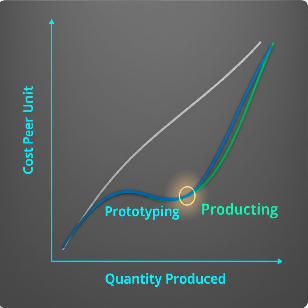 a graph showing the cost per unit comparison between rapid prototyping and production machining at different volumes