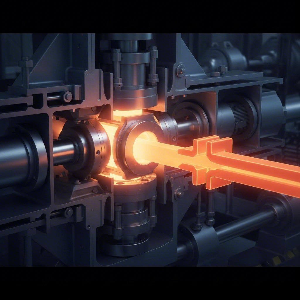 aluminum extrusion process showing heated material flowing through a precision die