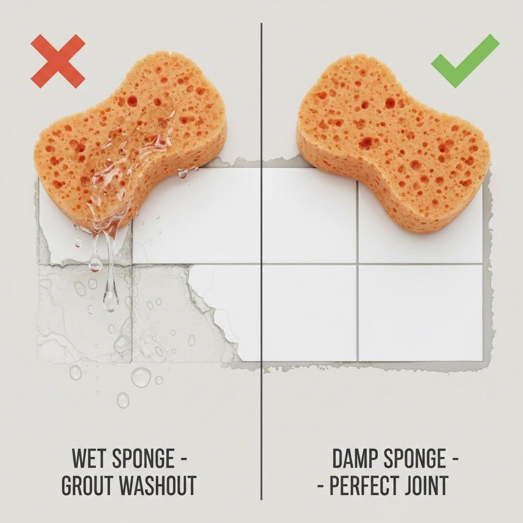 How to Grout Floor Tiles for Beginners: A Mistake-Proof Guide Visual comparison of wet vs damp sponge effects on grout joints